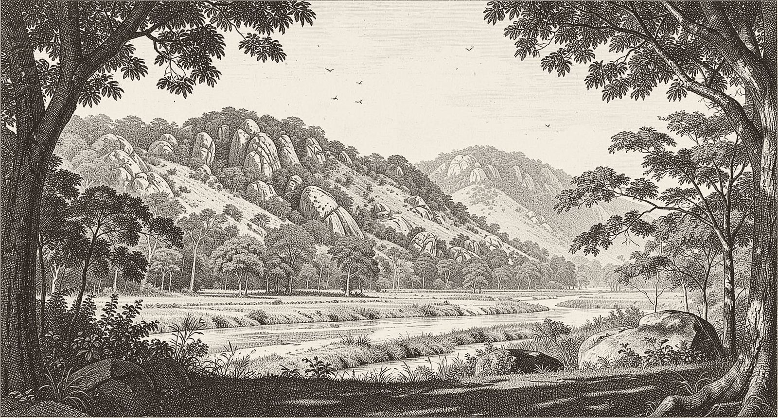 Engraving of the hills and the river plain