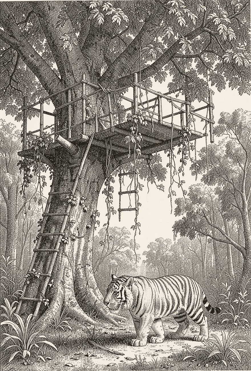 Engraving: a machan in a great tree
