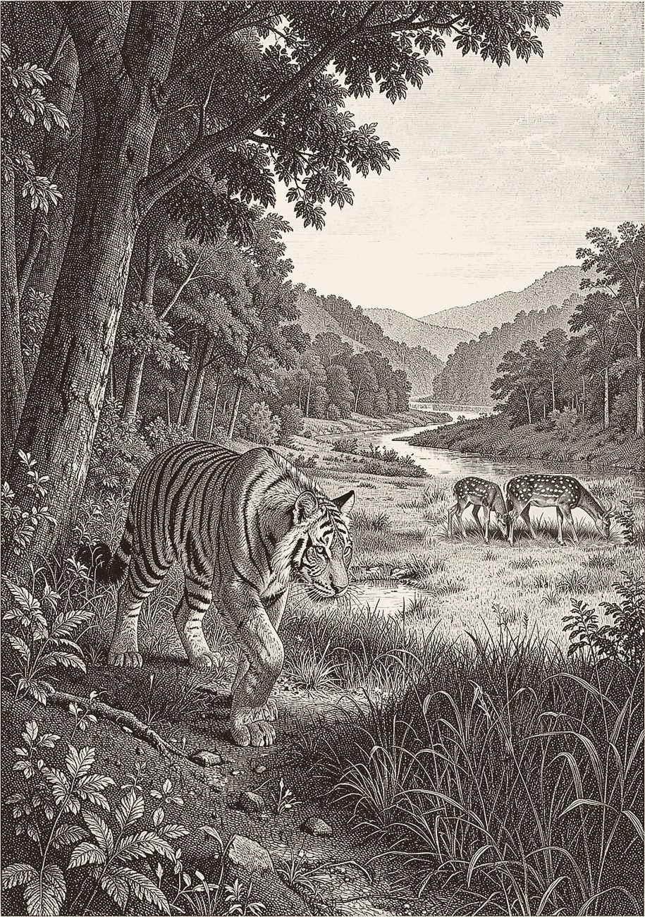 Engraving of a tiger walking out of the forest towards a river where chital graze