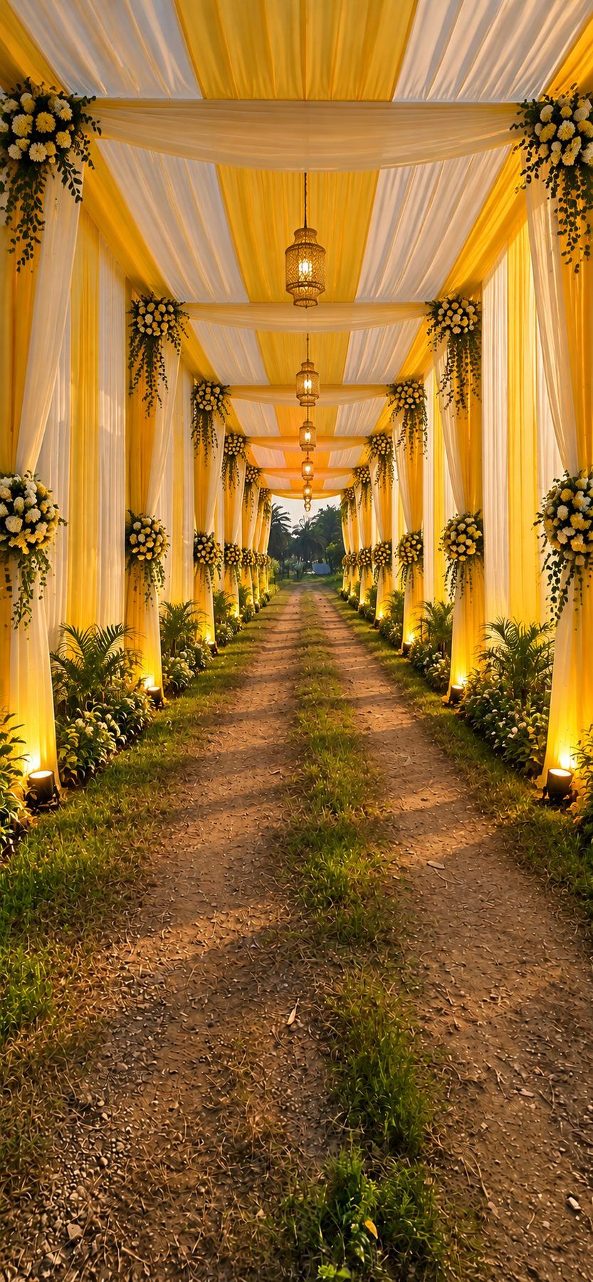 Canopied walkway of yellow and white drapes lit for a wedding
