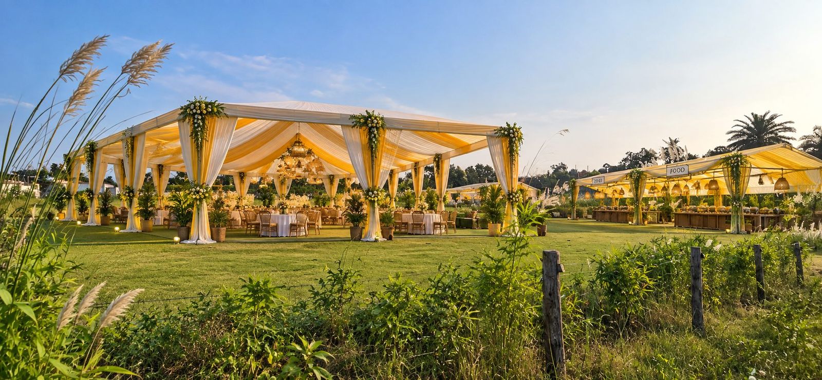 Wedding marquee on the lawn at Ladigarh, kans grass in the foreground
