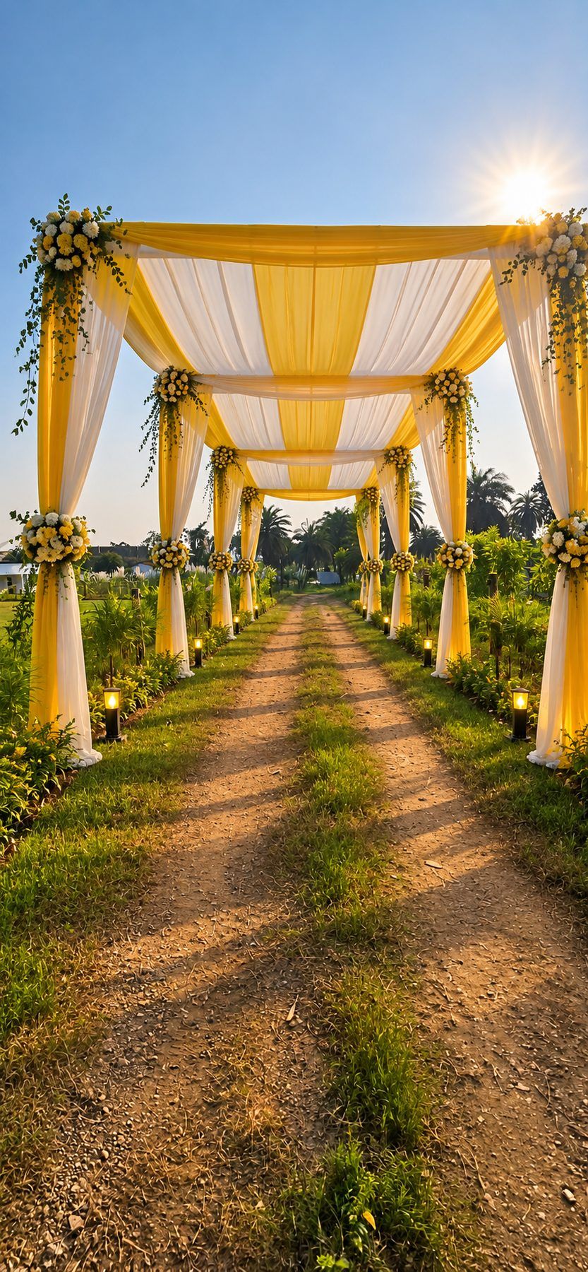 Yellow canopy walkway across the lawn in daylight