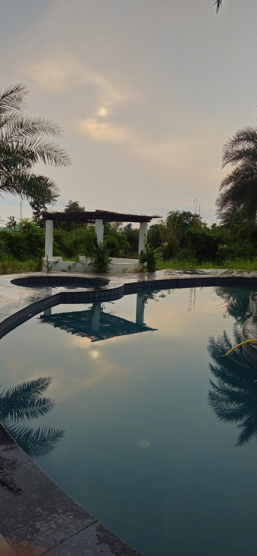 The pool at dusk with the pergola reflected